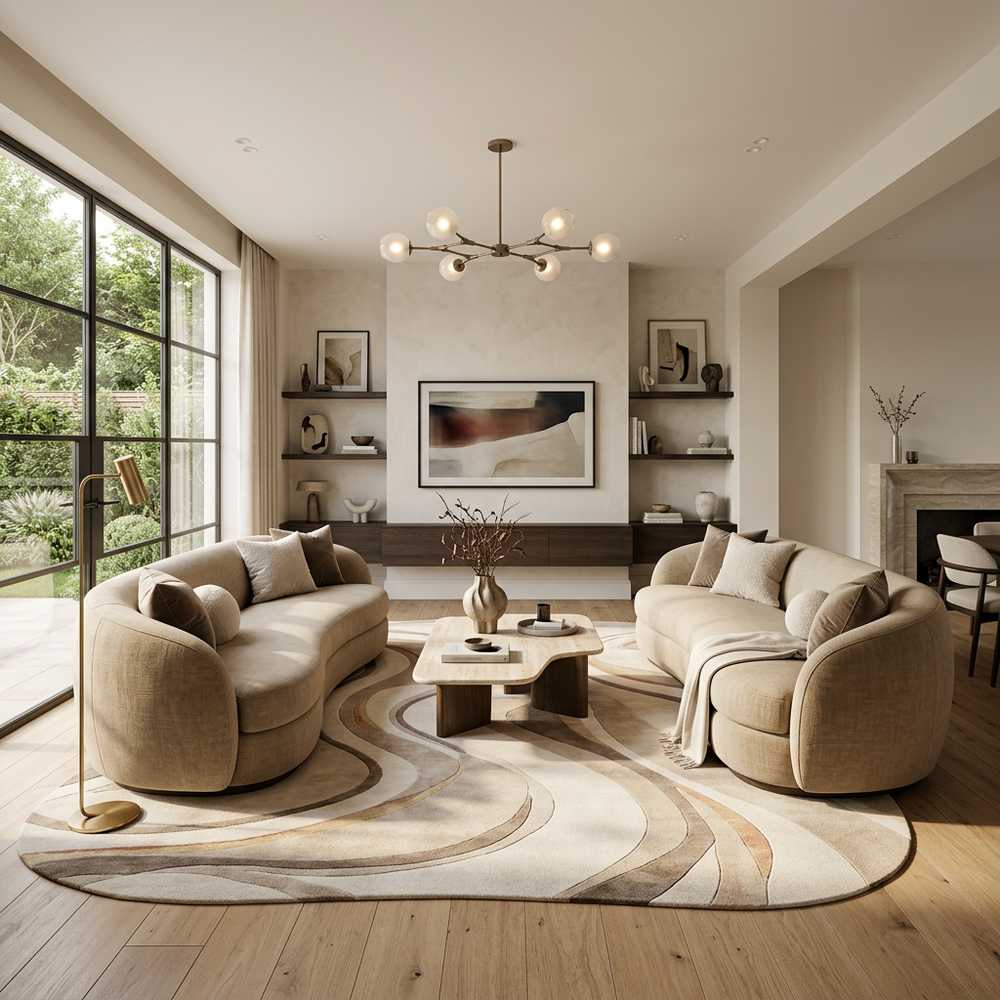 Contemporary Living Room with Curvilinear Sofas and Rug