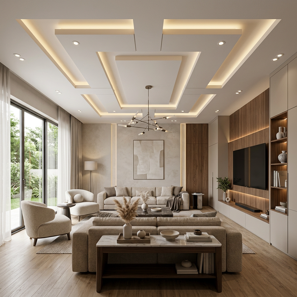 Contemporary Living Room with Designer False Ceiling