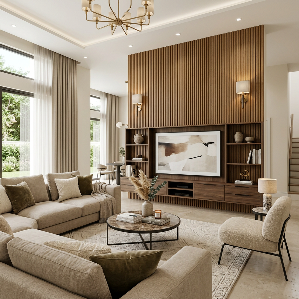 Contemporary Living Room with Fluted Panel Accent Wall