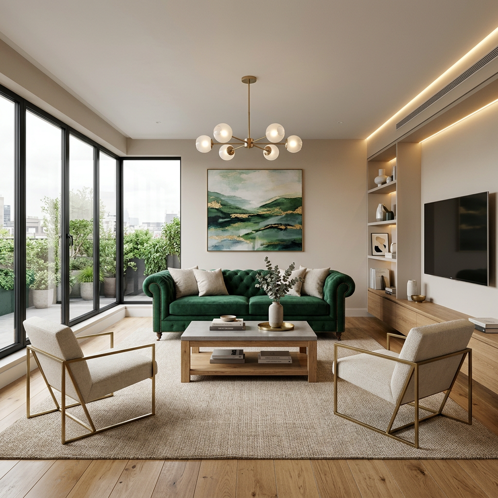 Contemporary Living Room with Green Chesterfield Sofa