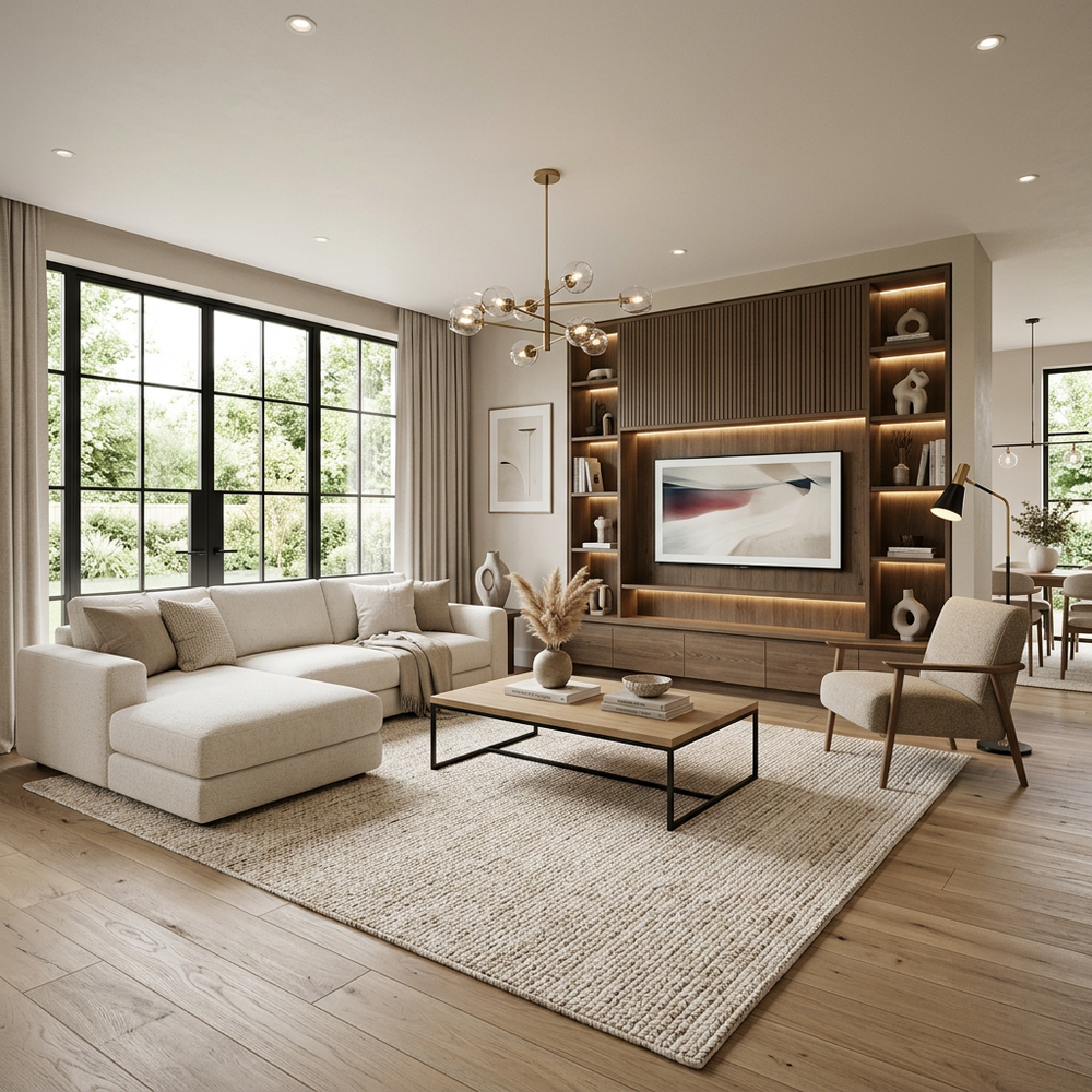 Contemporary Luxury Living Room with L-Shaped Sofa and Elegant Coffee Table