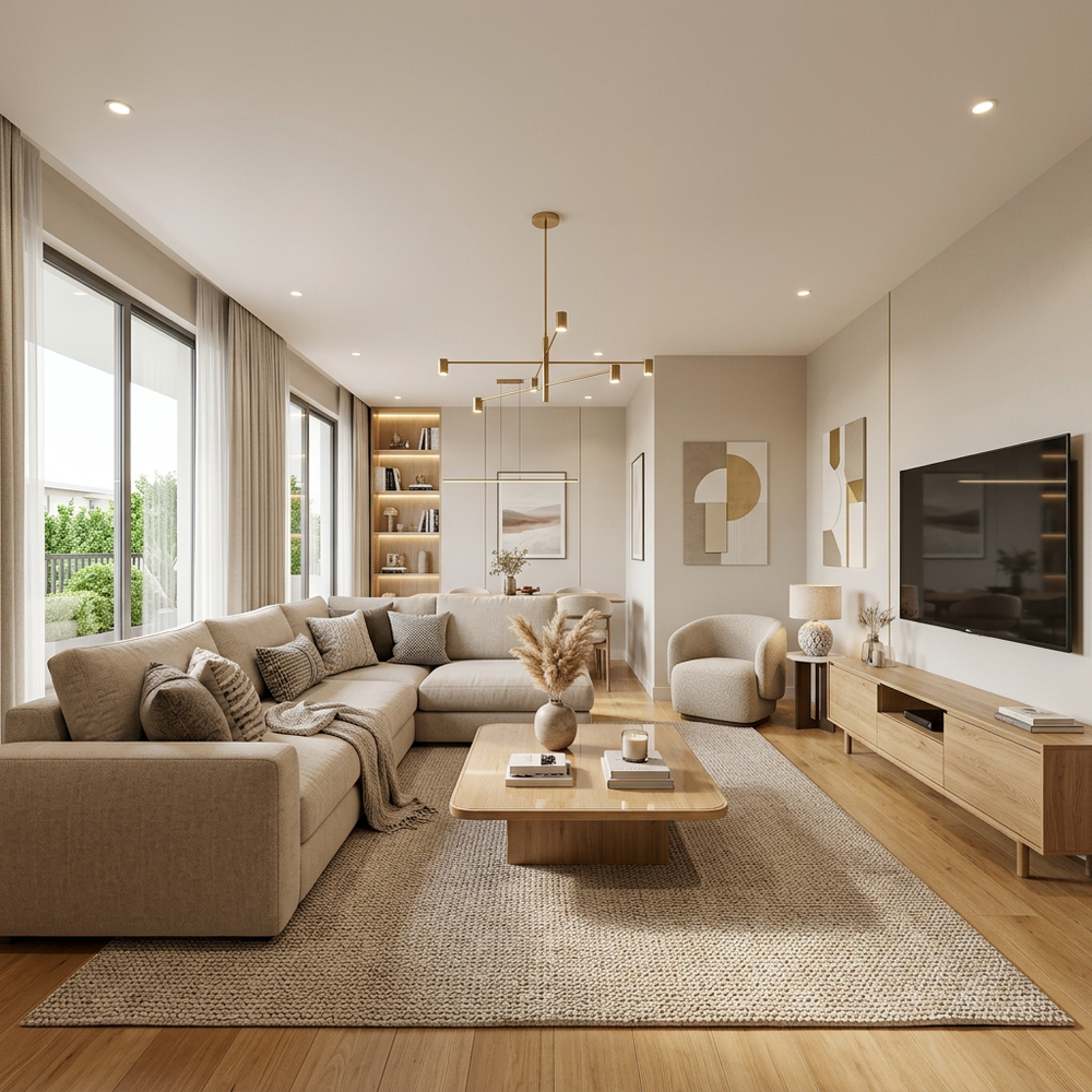 Contemporary Living Room Design with L-Shape Sofa in Warm Neutral Color