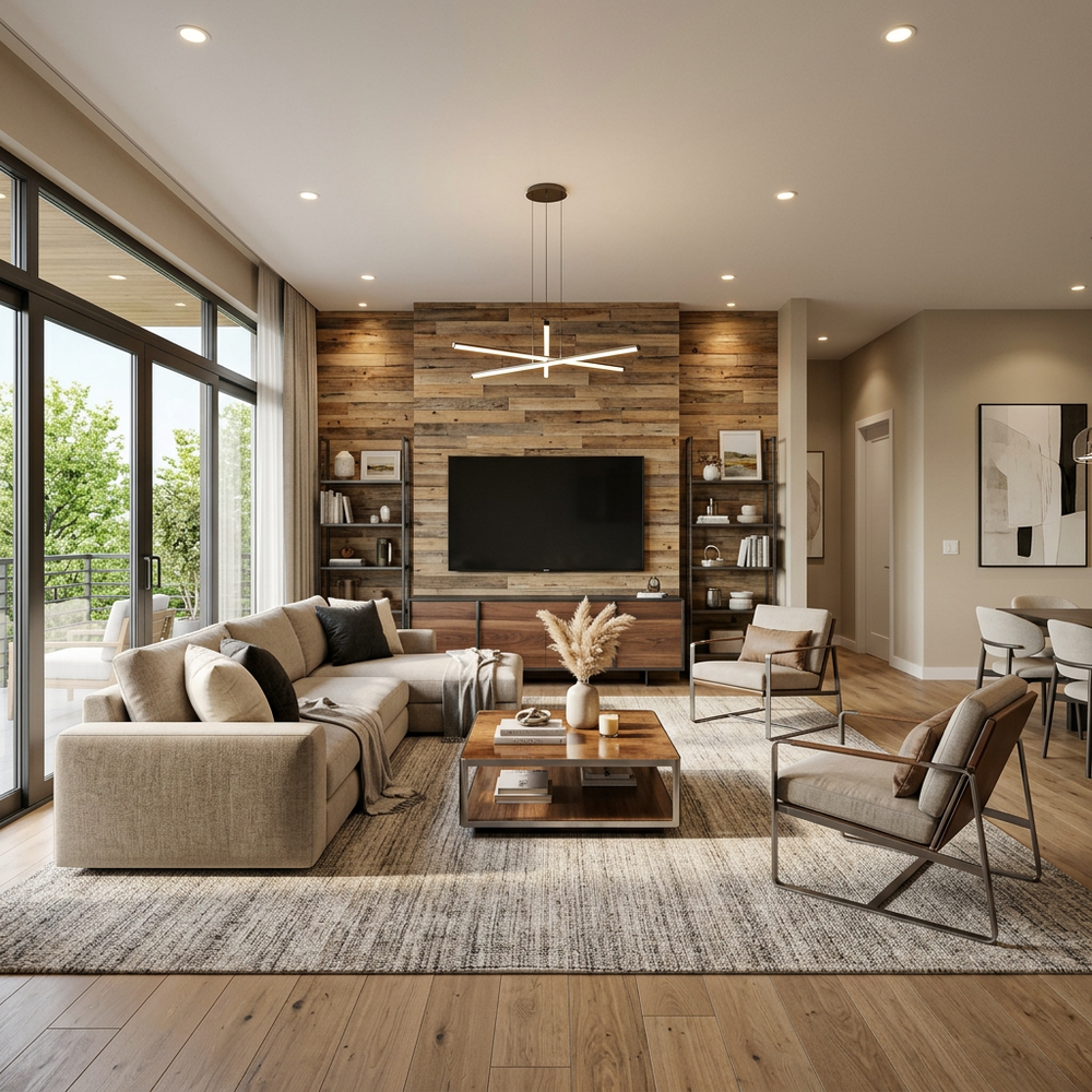 Contemporary Living Room with L-Shaped Sofa and Accent Wall