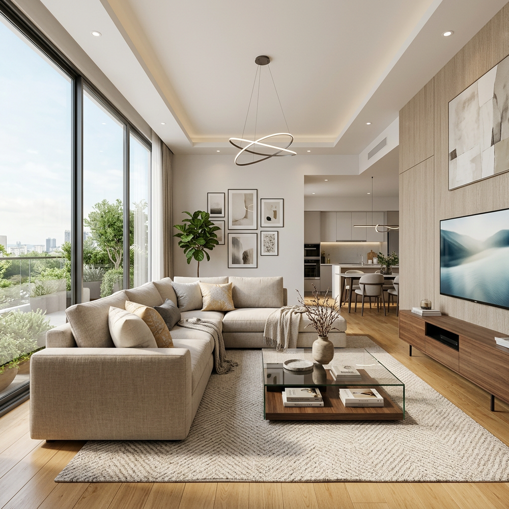 Contemporary Living Room with Off-White L-Shaped Sofa
