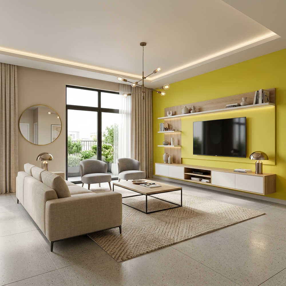 Contemporary Living Room with Lime Yellow Accent Wall