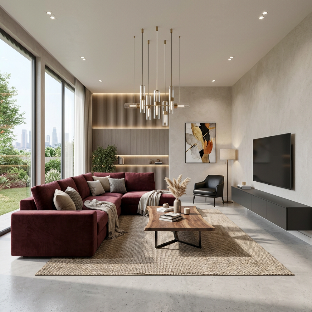 Contemporary Living Room with Maroon L-Shaped Sofa