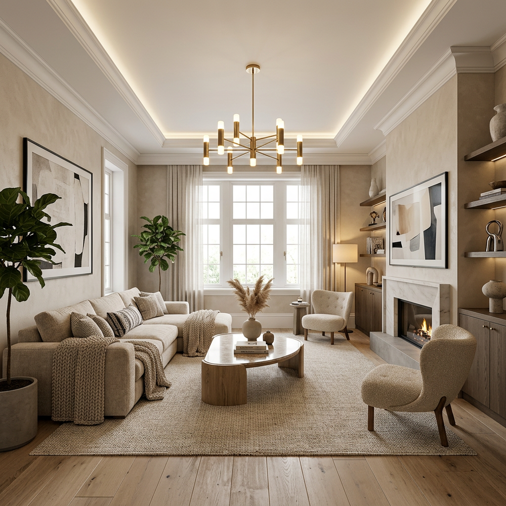 Contemporary Living Room with Off-White Trims and Chandelier