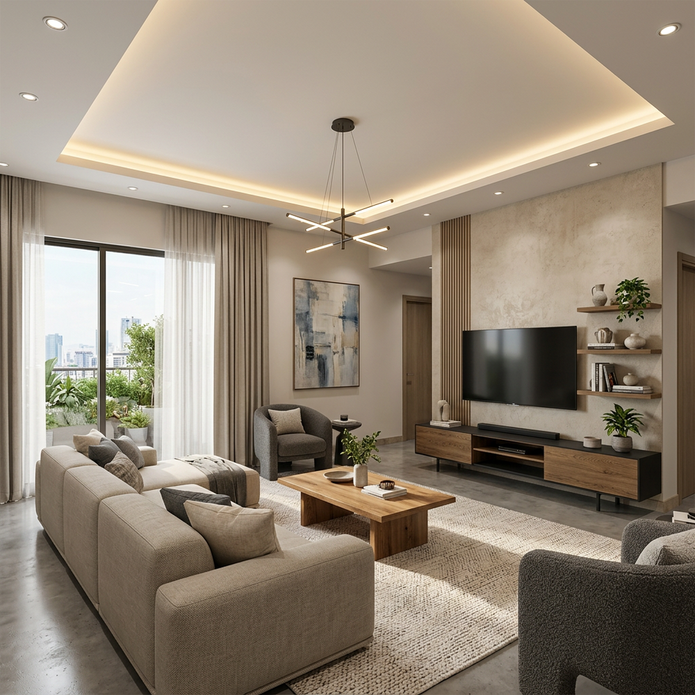 Contemporary Living Room with Peripheral False Ceiling