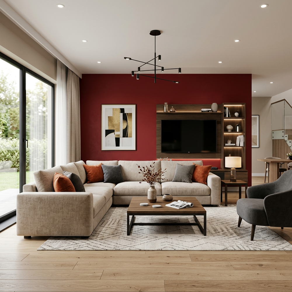 Contemporary Living Room with Red Accent Wall