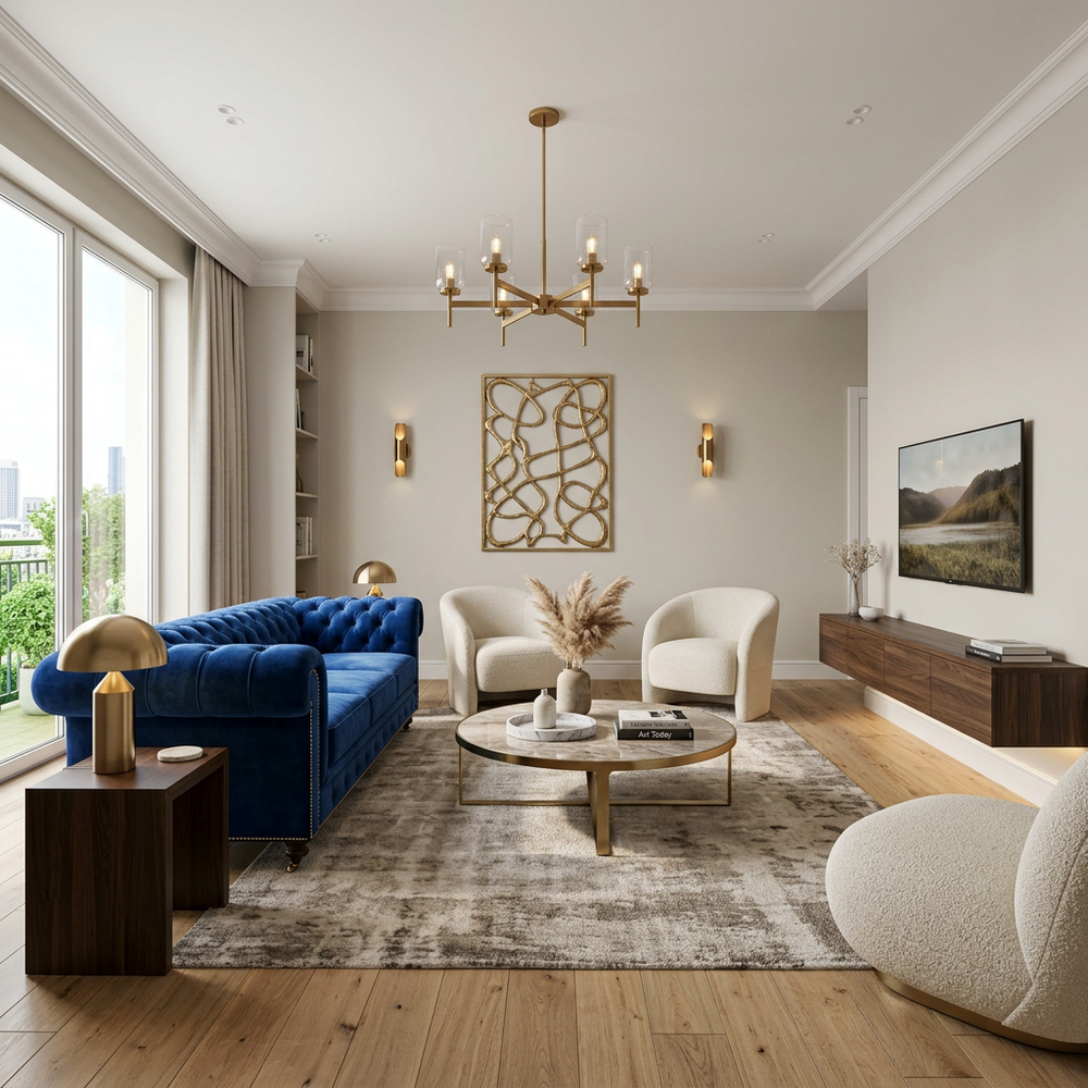 Contemporary Living Room with Royal Blue Velvet Sofa