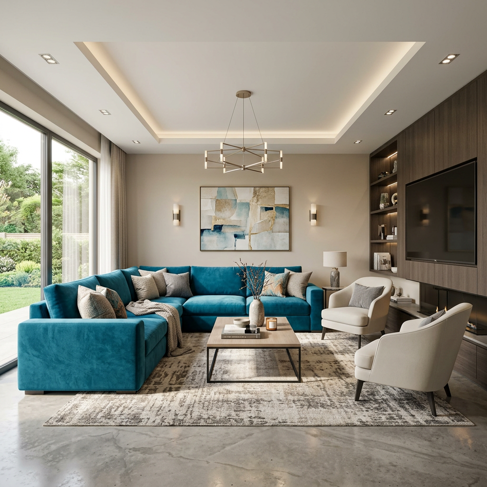 Contemporary Living Room with Teal Blue Sectional Sofa