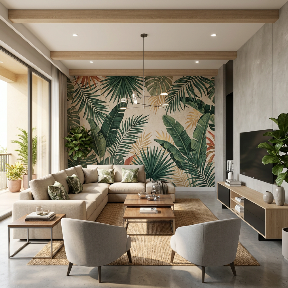 Contemporary Living Room with Tropical Accent Wall