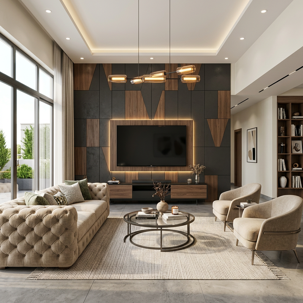 Contemporary Living Room with Tufted Sofa and Accent Wall
