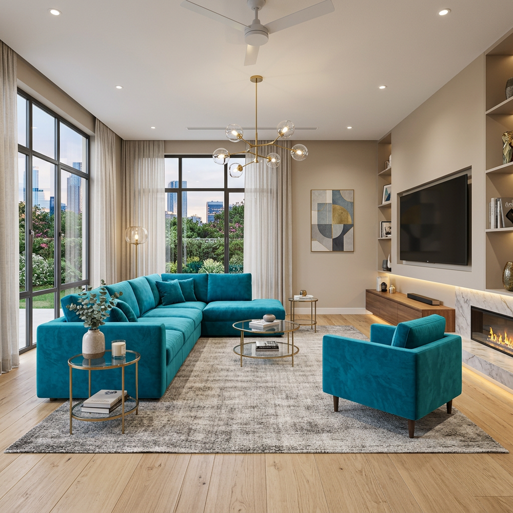 Contemporary Living Room with Turquoise Seating