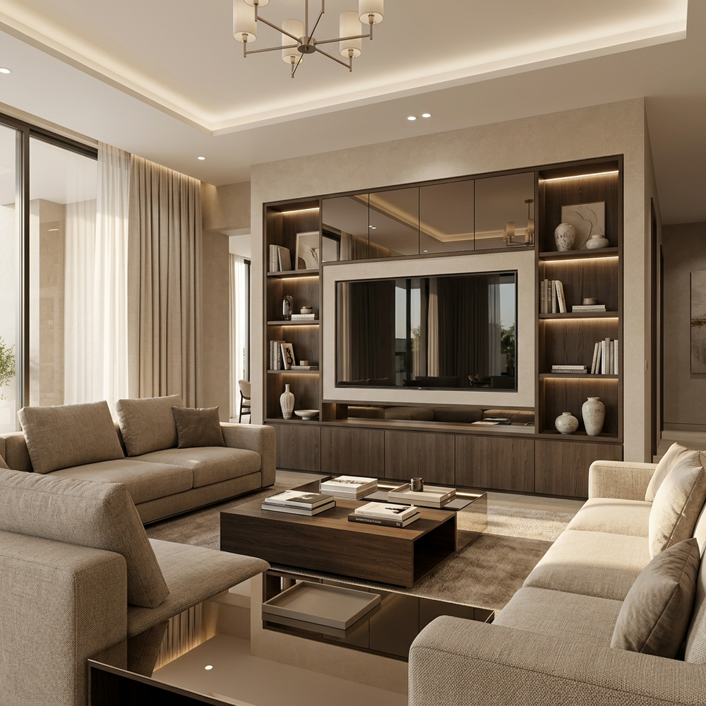Contemporary Living Room with TV Unit and White Brick Accent Wall
