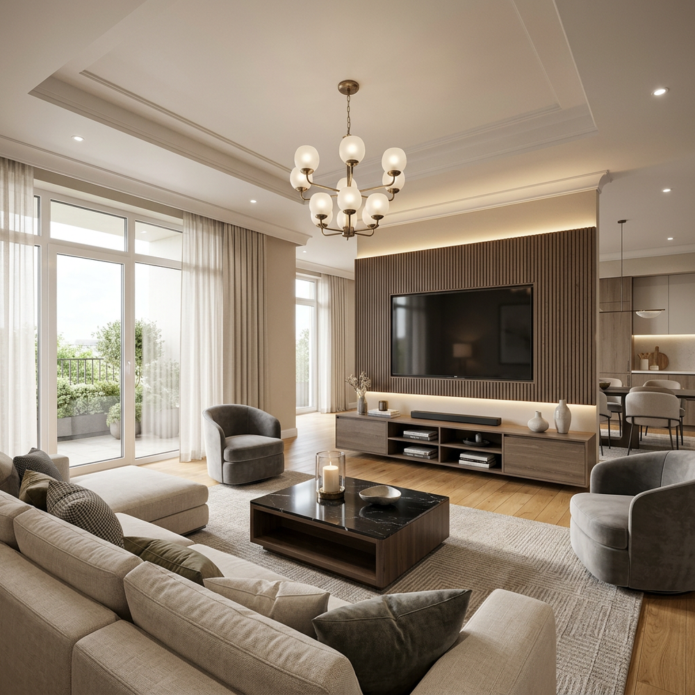 Spacious Contemporary Living Room with TV Unit and Elegant Sofa Seating