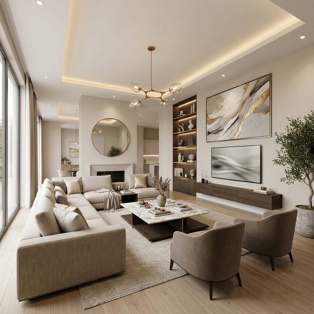 Contemporary Living Room with Wall Art and Neutral Beige Interiors