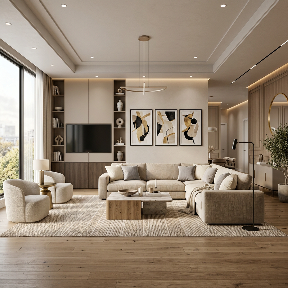 Modern Pink-Themed Living Room with Statement Wall Art