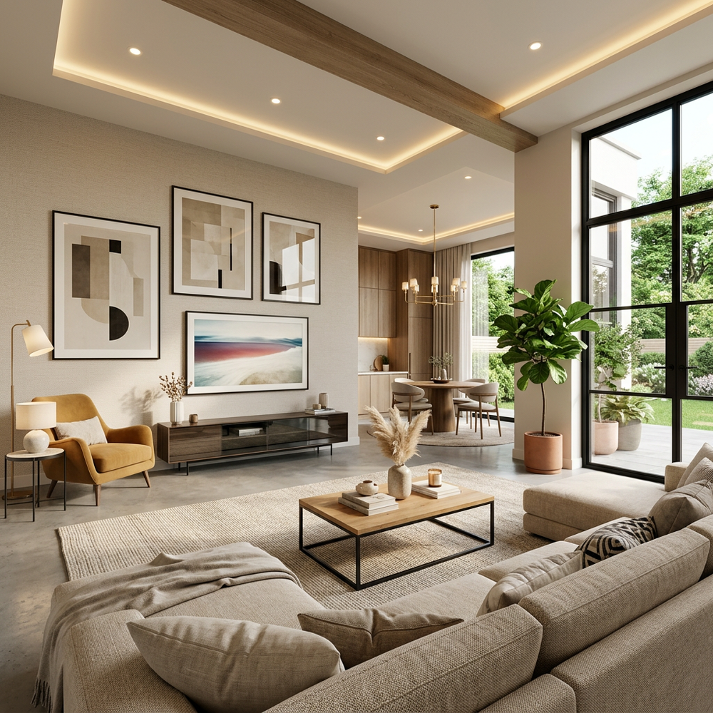 Contemporary Living Room with Wall Art and 3-Seater Grey Sofa