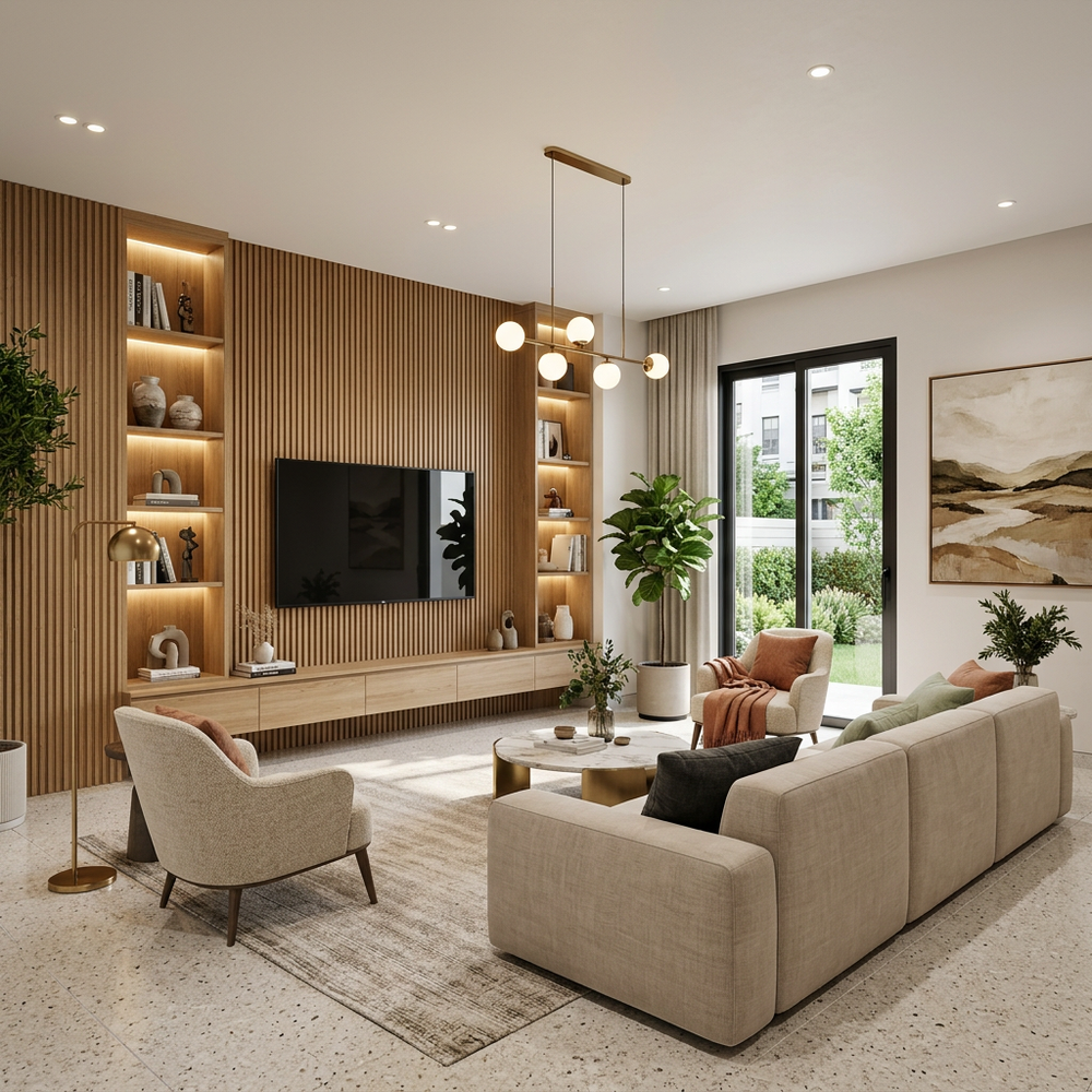 Contemporary Living Room with Wooden Fluted Panel