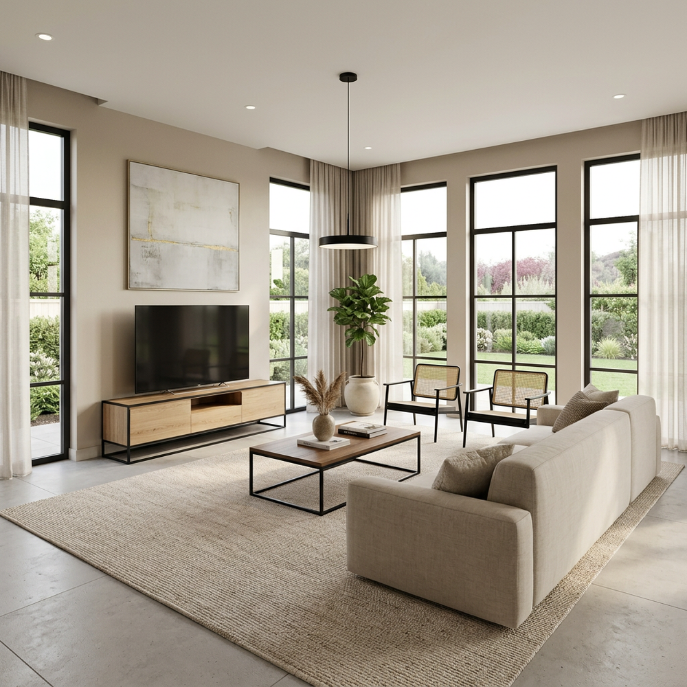 Minimalist Living Room with Bordered Windows