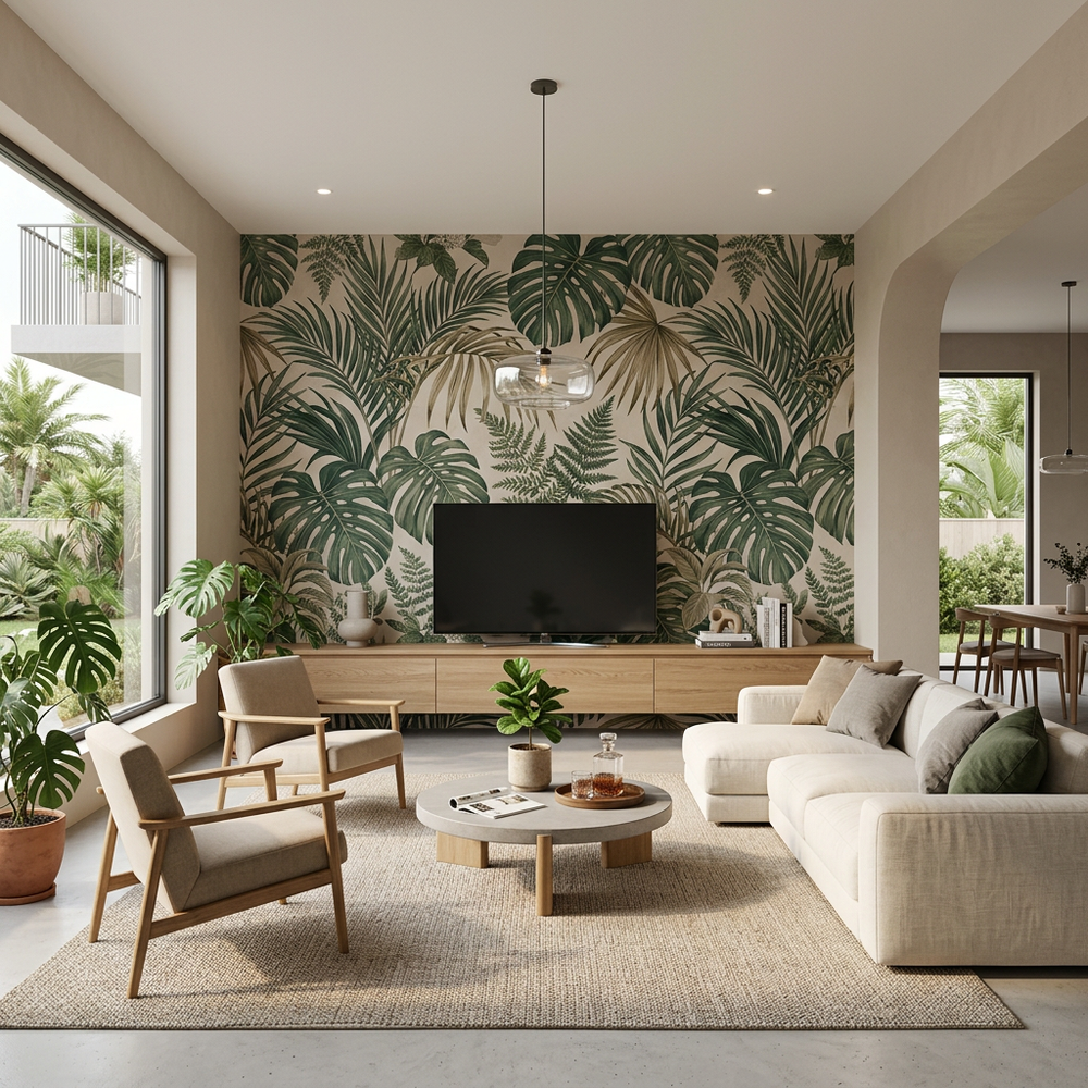 Minimalist Living Room with Tropical Accent Wall