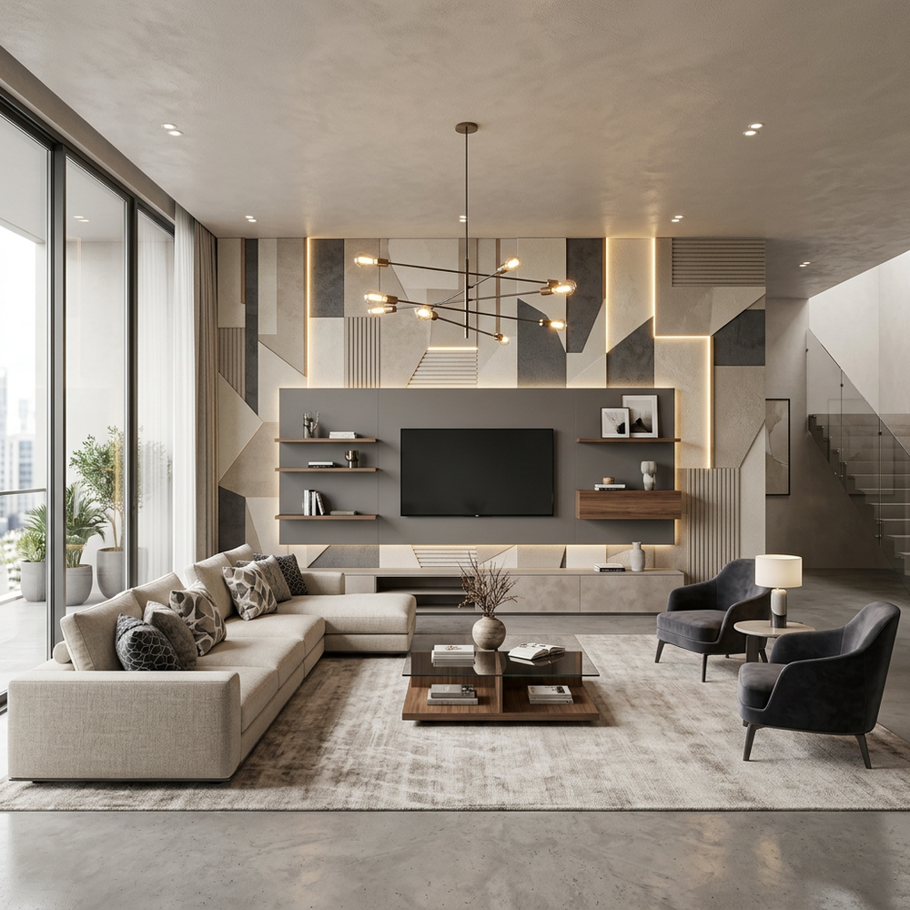 Modern Living Room with Abstract Accent Wall
