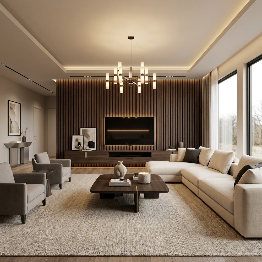 Modern Living Room with Accent Wall and Cream Sofa