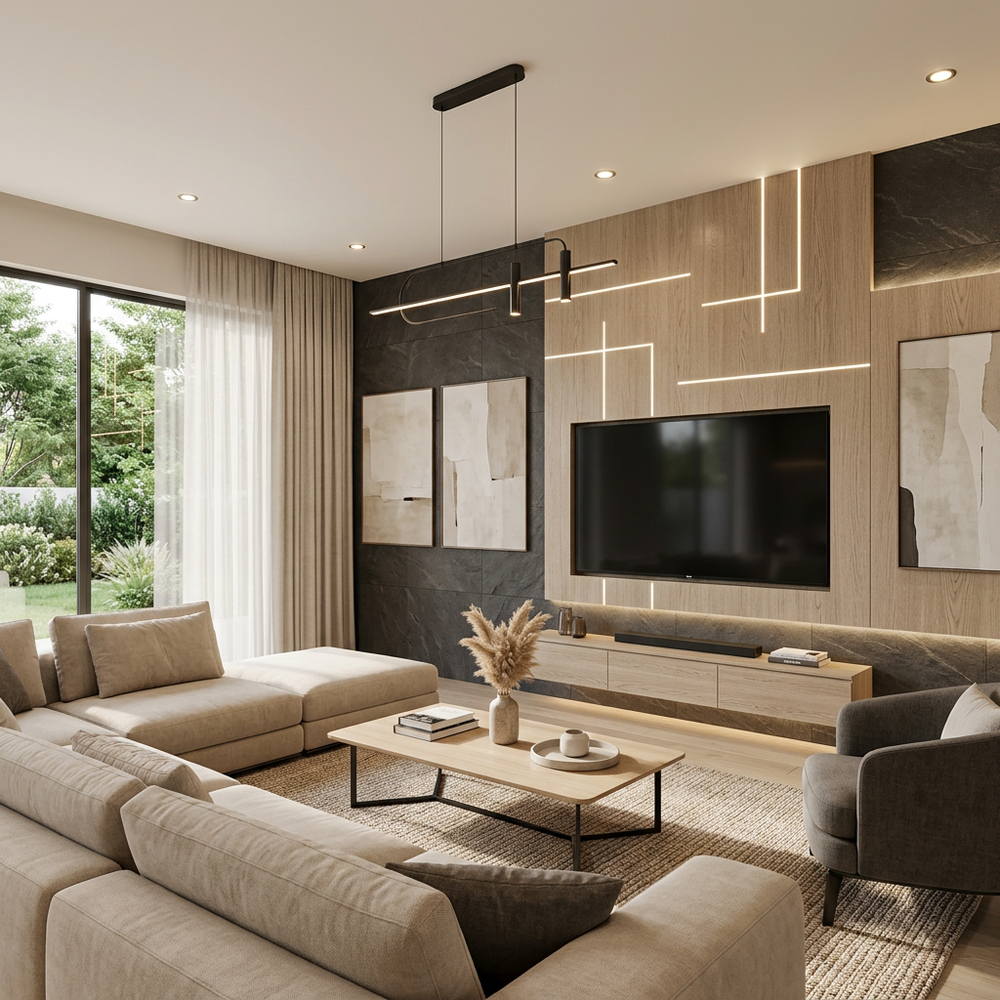 Modern Living Room with Accent Wall and TV Unit