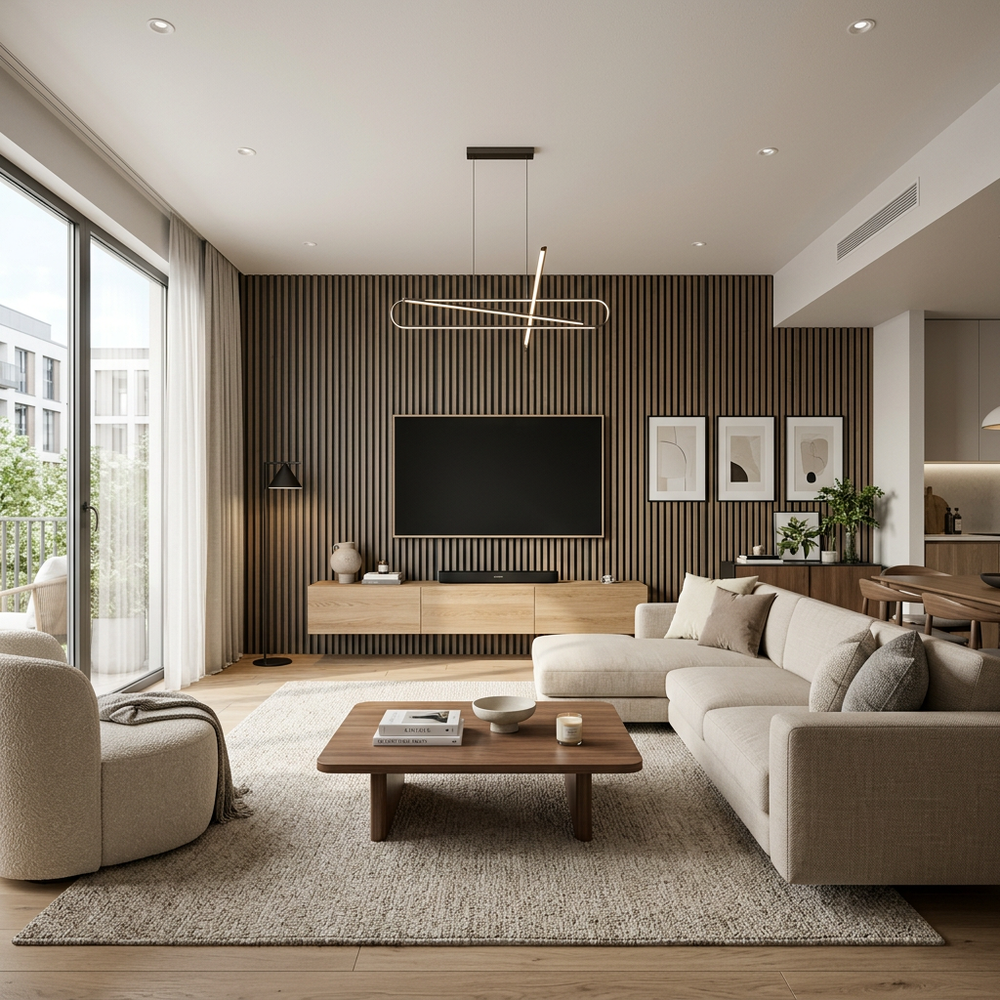 Minimalist Living Room With White L-Shaped Sofa and Modern Interiors