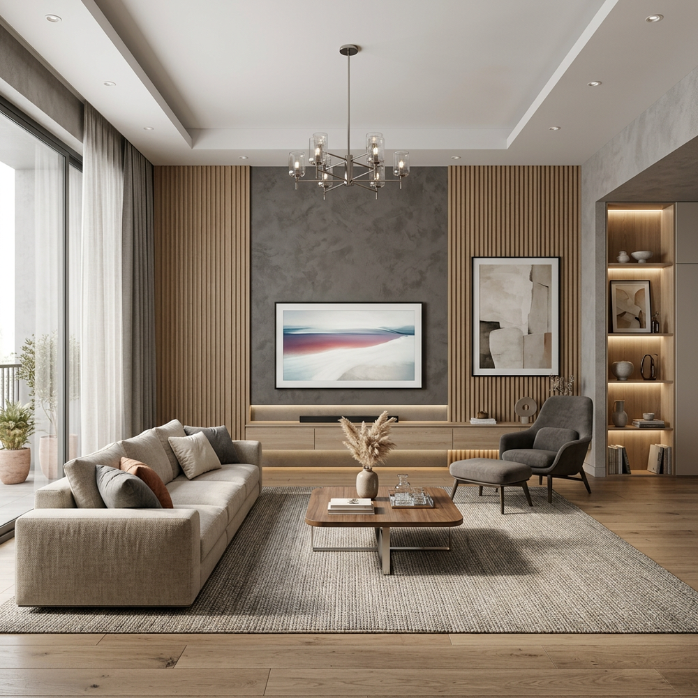 Luxury Living Room With White Interiors and Marble Center Table