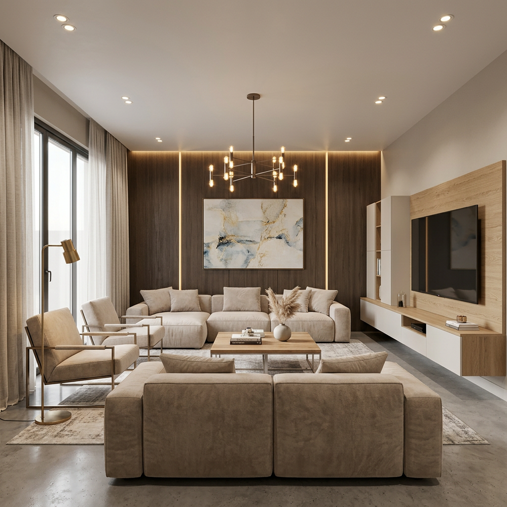 Contemporary Living Room Design With White Trims and Golden Accents