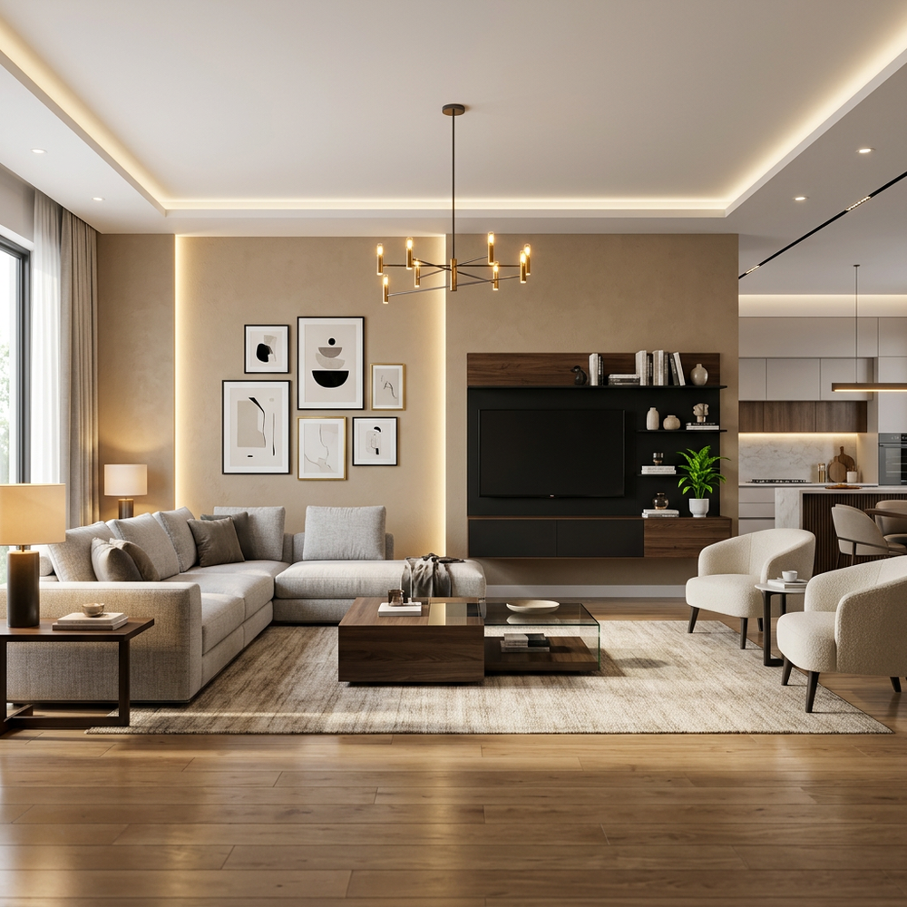 Modern Living Room with Beige Accent Wall
