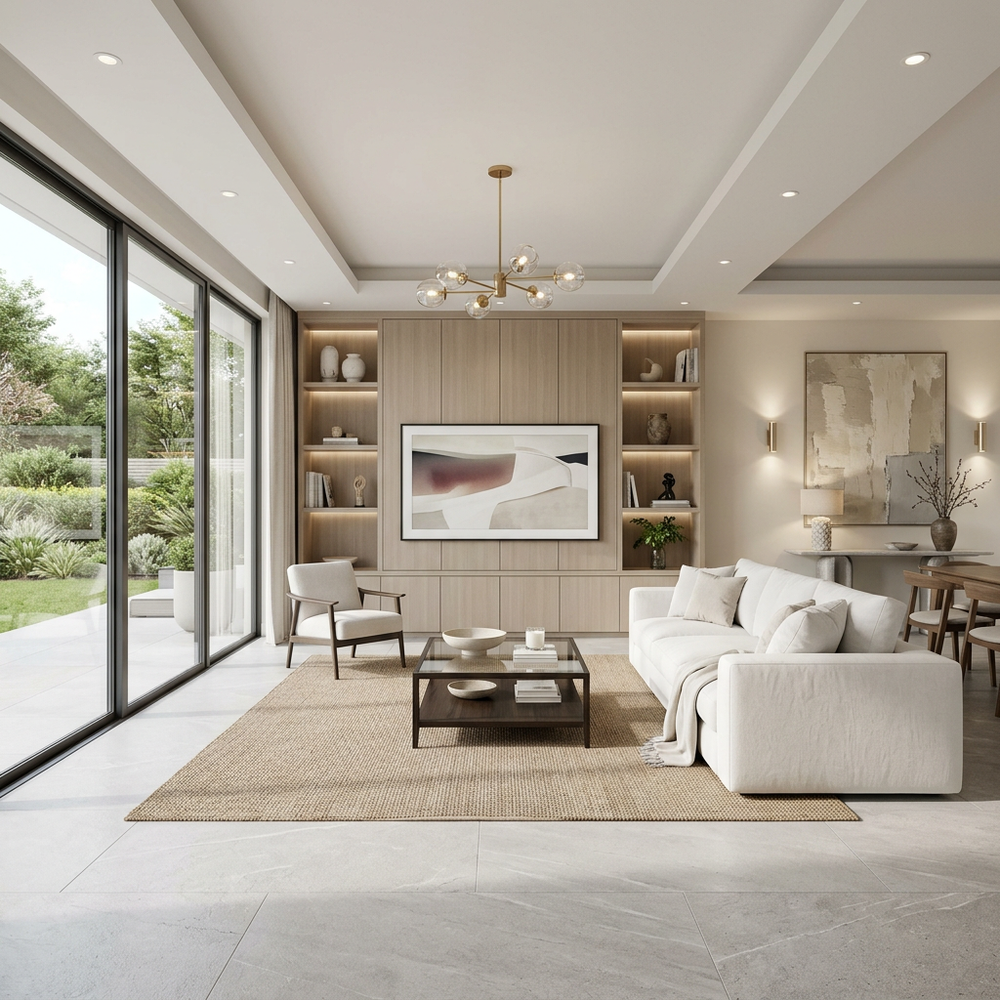 Modern Living Room with Beige TV Unit and White Sofa