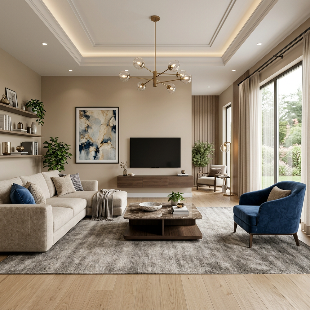 Modern Living Room with Blue and Beige Sofas
