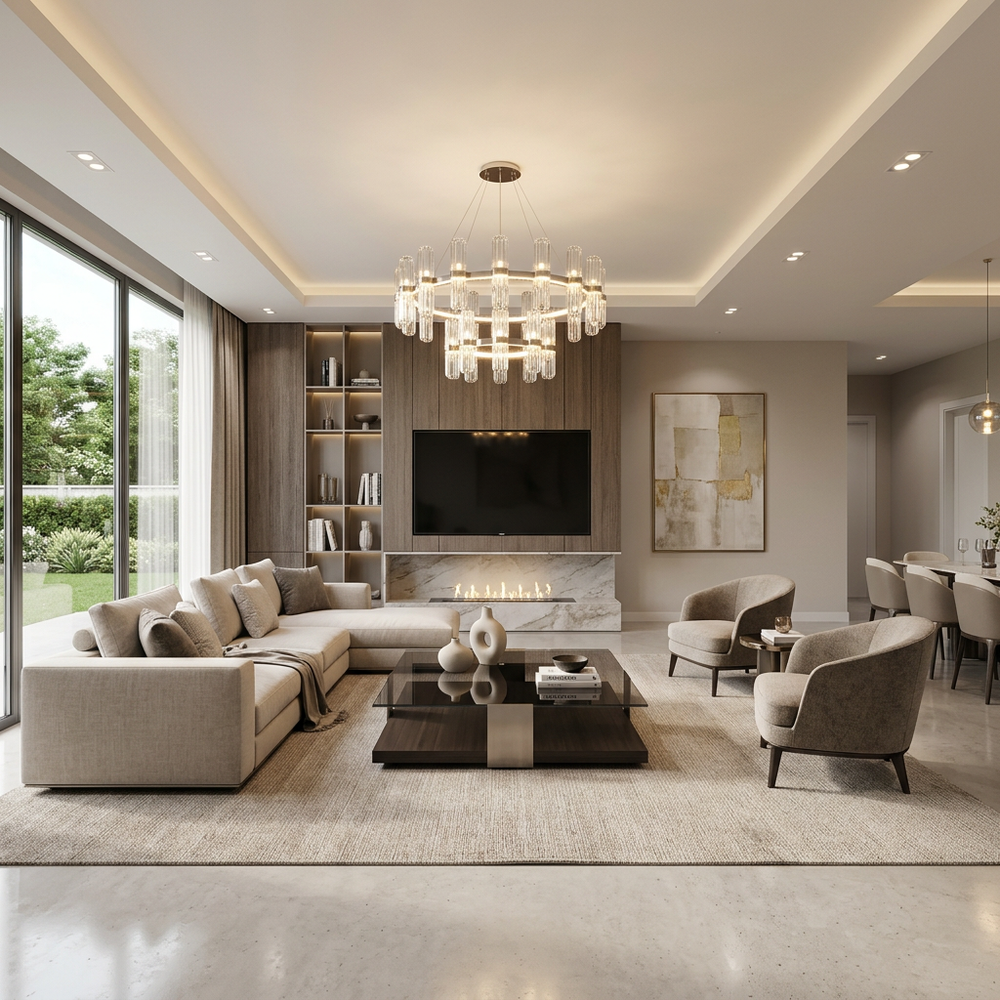 Spacious Modern Living Room With Elegant Chandelier and Neutral Palette