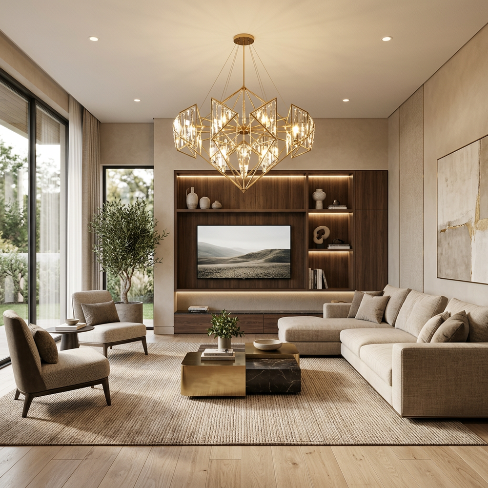 Modern Living Room With L-Shaped Sofa and Brass Chandelier