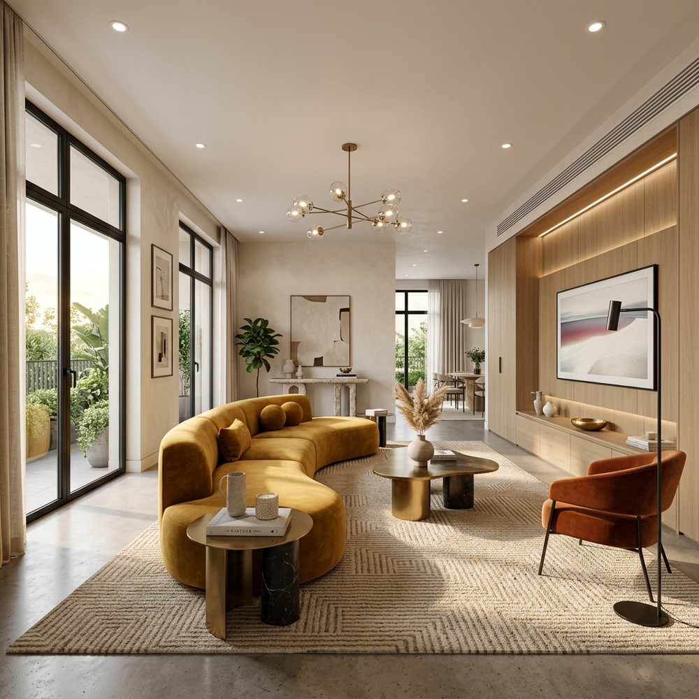 Modern Living Room with Curved Mustard Sofa