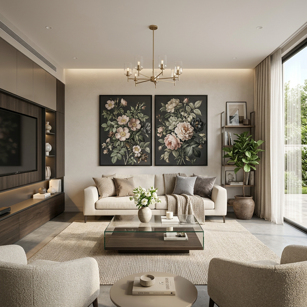 Modern Living Room with Floral Wall Art