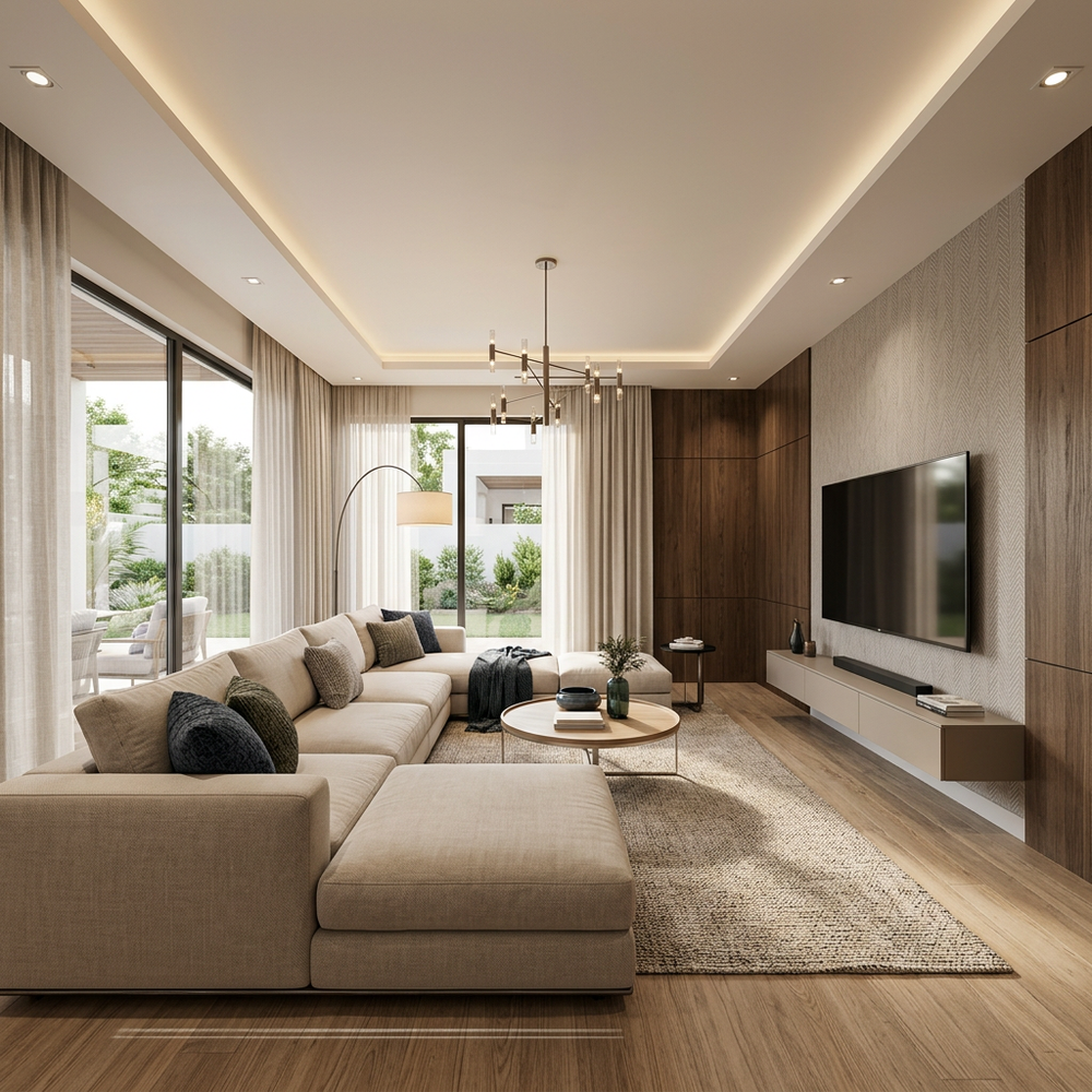 Modern Living Room with L-Shaped Sofa and Accent Wall