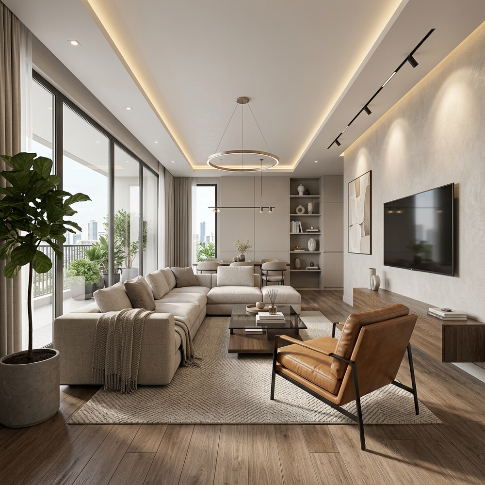 Modern Living Room with Leather Accent Chair