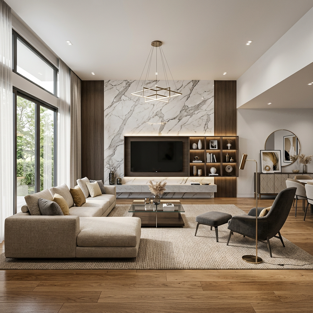 Modern Living Room with Marble Accent Wall
