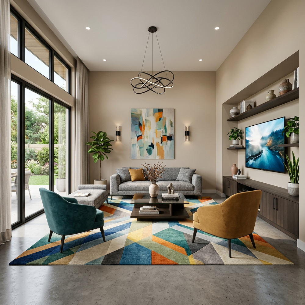 Modern Living Room with Multicoloured Rug