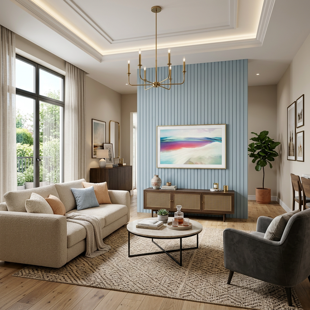 Modern Living Room with Pastel Blue Wall Panelling
