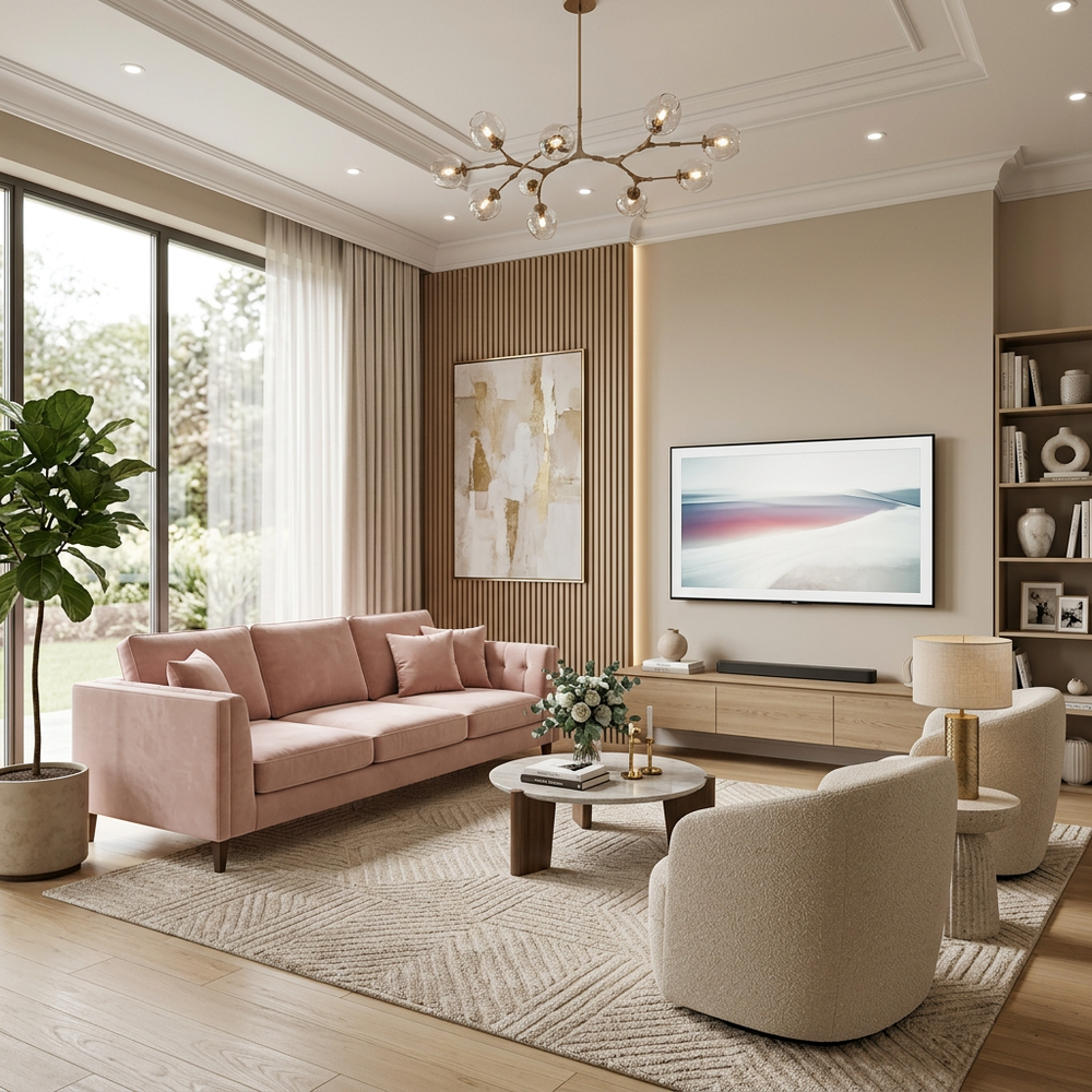 Modern Living Room with Pink Sofa