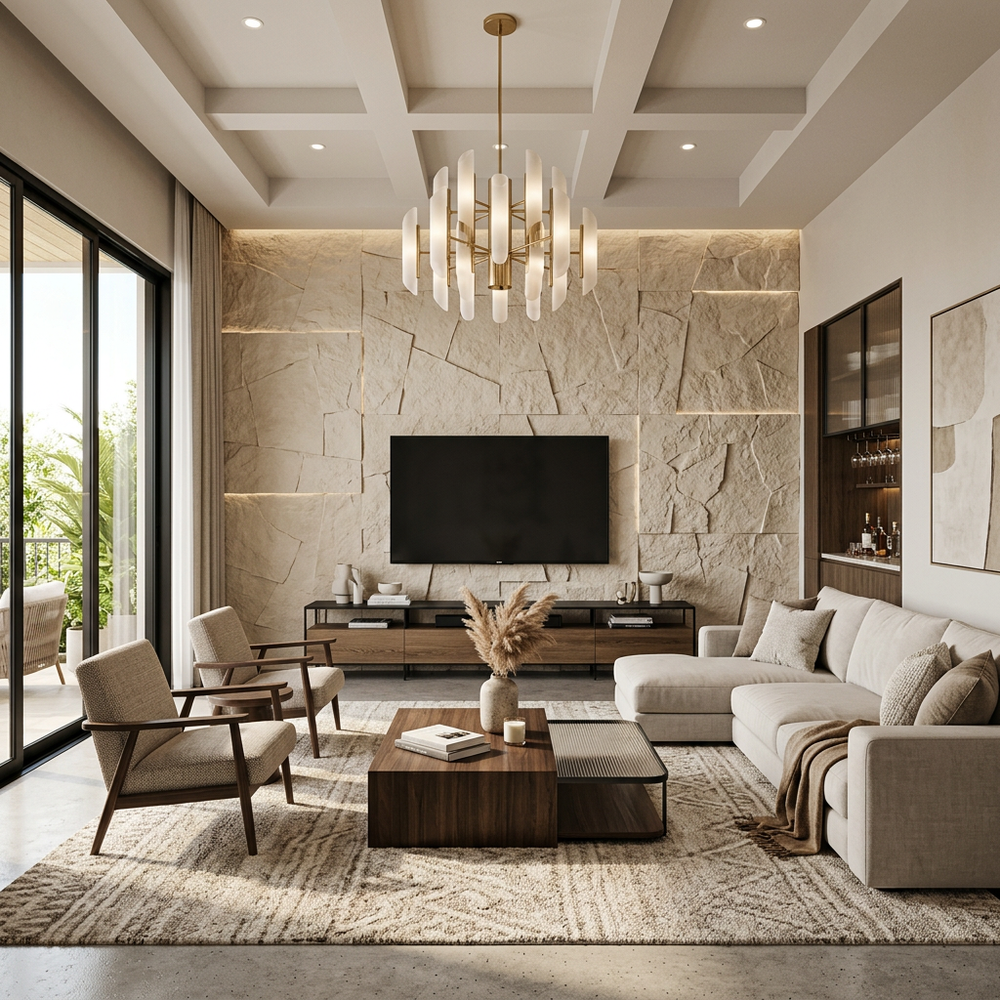 Modern Living Room with Textured Accent Wall