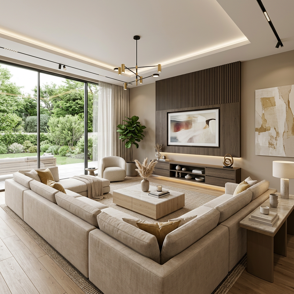 Modern Living Room with TV Unit and U-Shaped Sofa