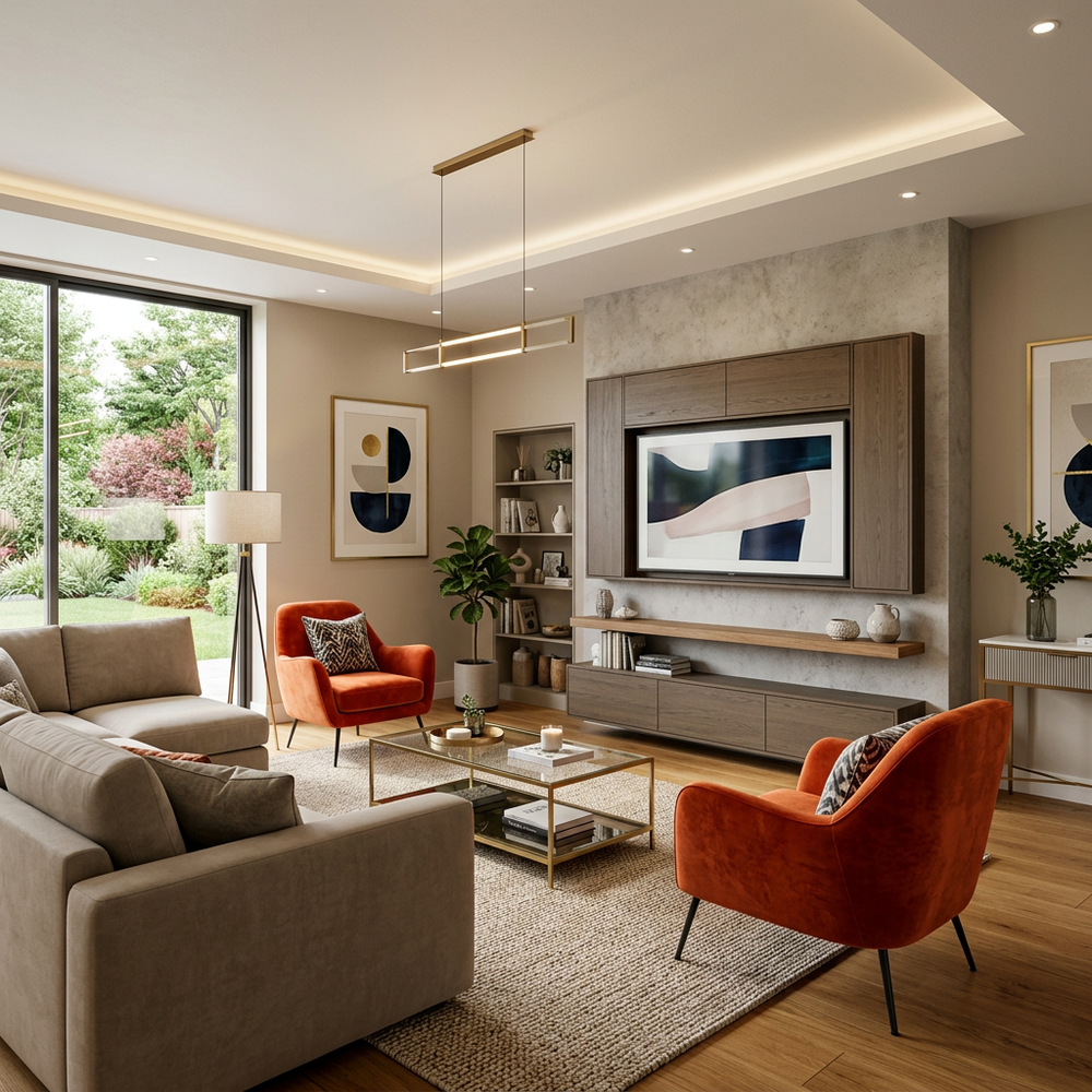 Modern Living Room with TV Unit and Vibrant Seating