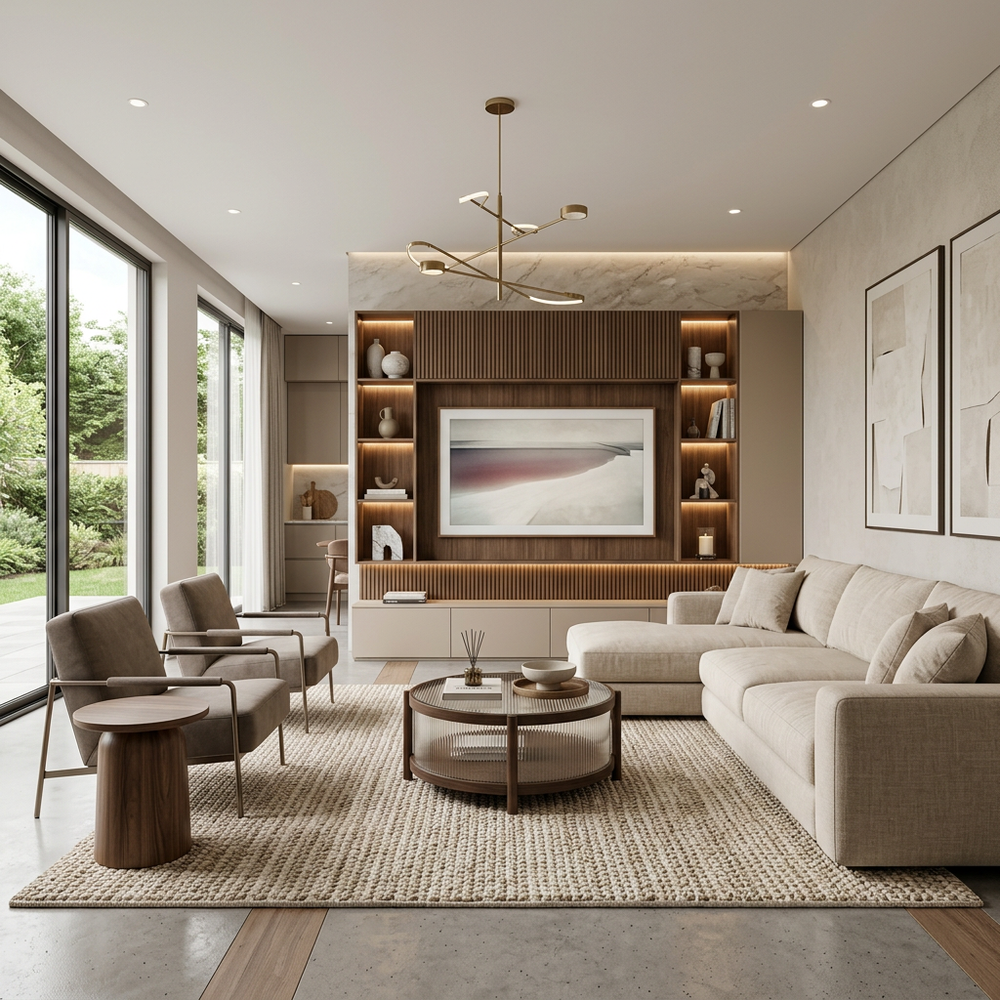 Stylish Small Living Room With Beige Sofa and Modern TV Unit
