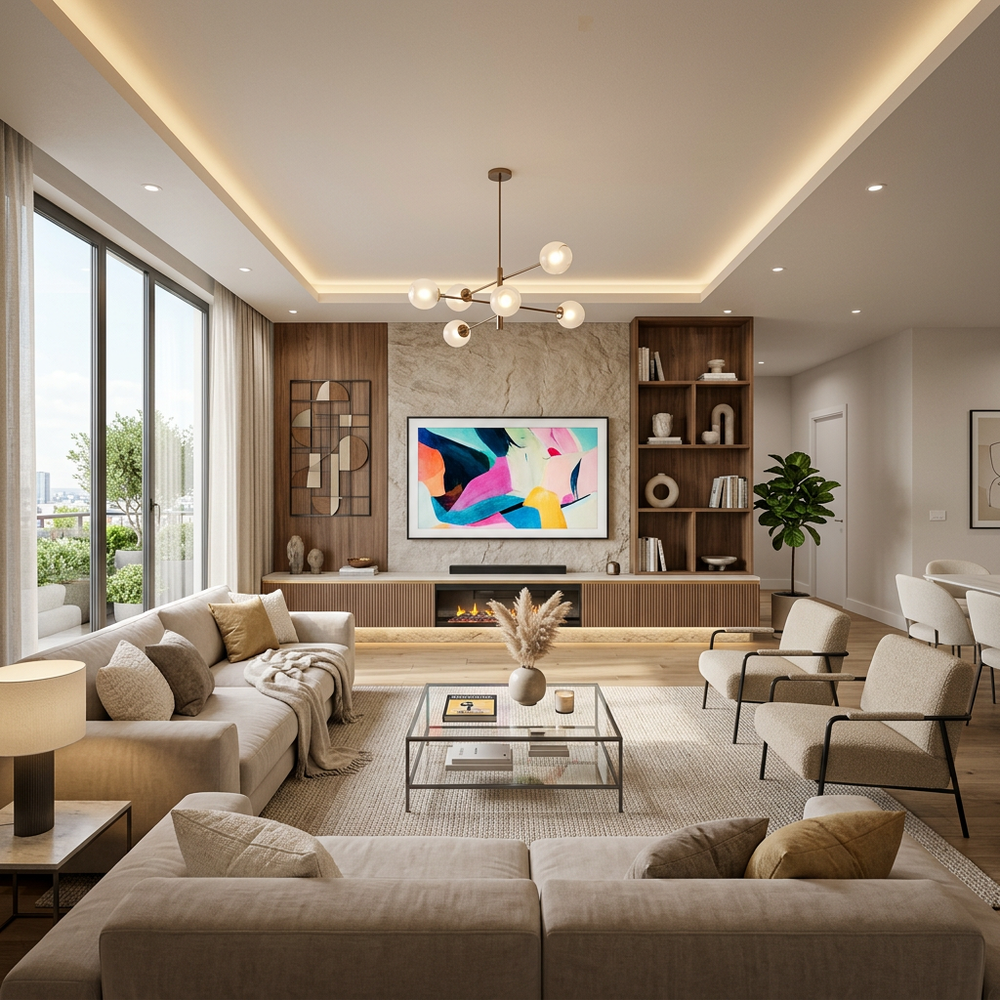 Elegant Living Room With Contemporary Grey Sofas and TV Wall